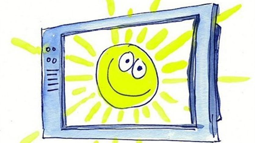 Tegning af et tv med en glad sol på skærmen